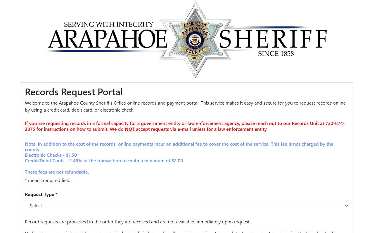 Arapahoe County Sheriff online records and payment portal for background check requests