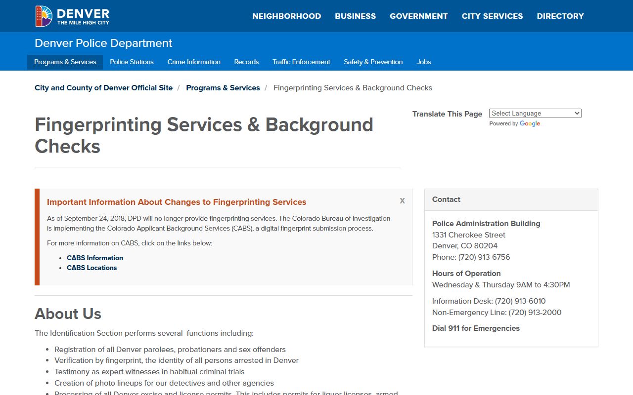 Denver Police Department background check page for Denver County records
