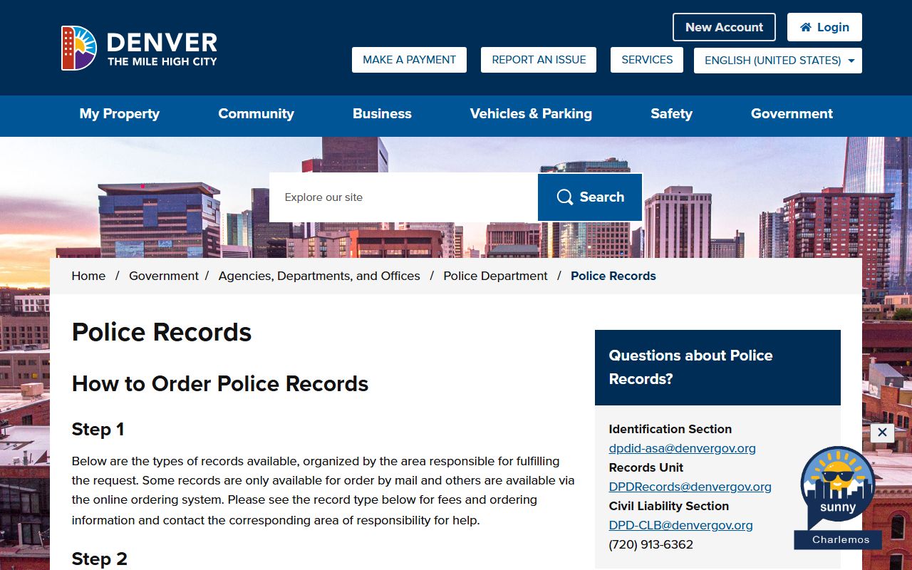 Denver County police records request page for background check information