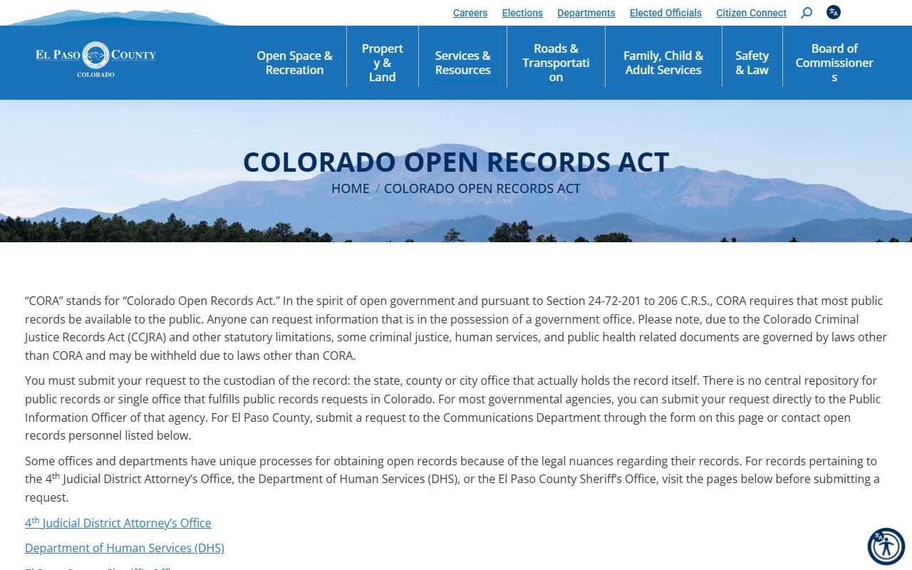 El Paso County CORA open records act information for background check research