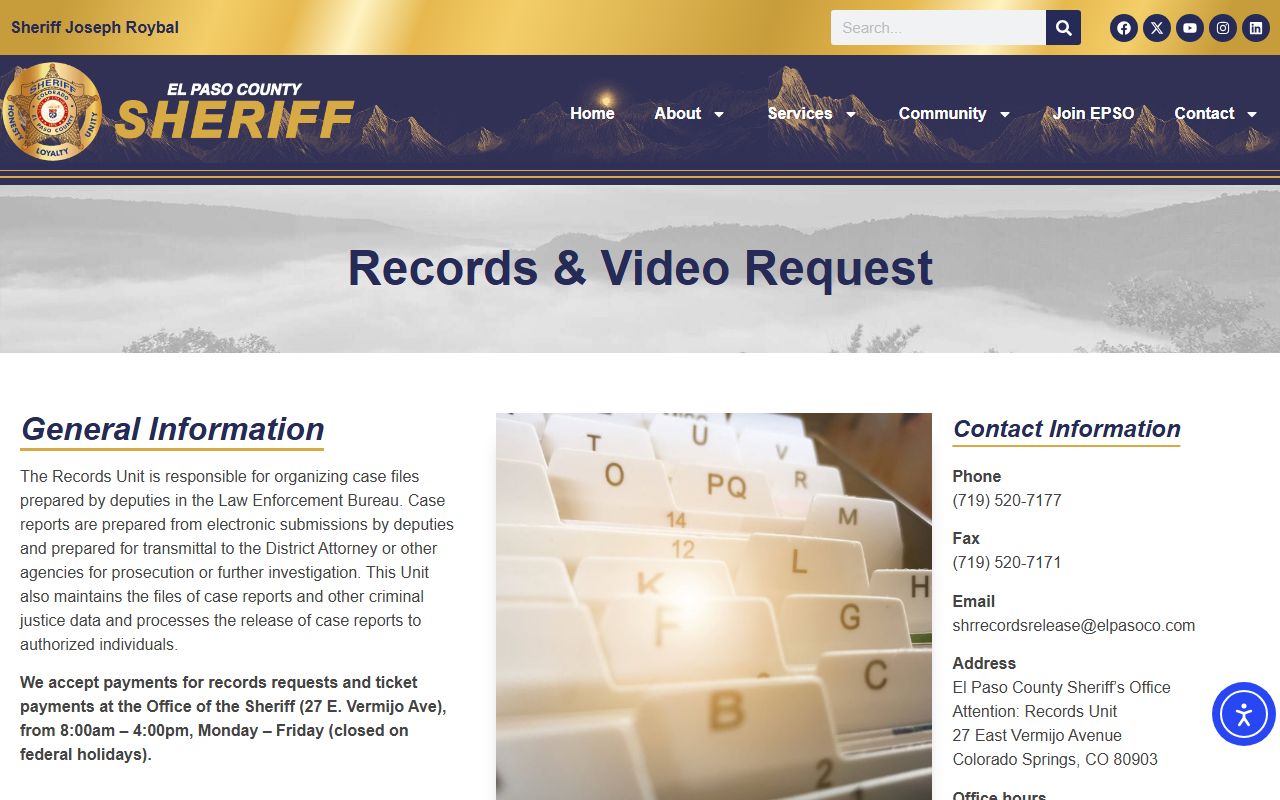 El Paso County Sheriff records and video request page for background check