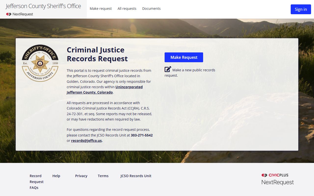 Jefferson County Sheriff NextRequest portal for background check records requests