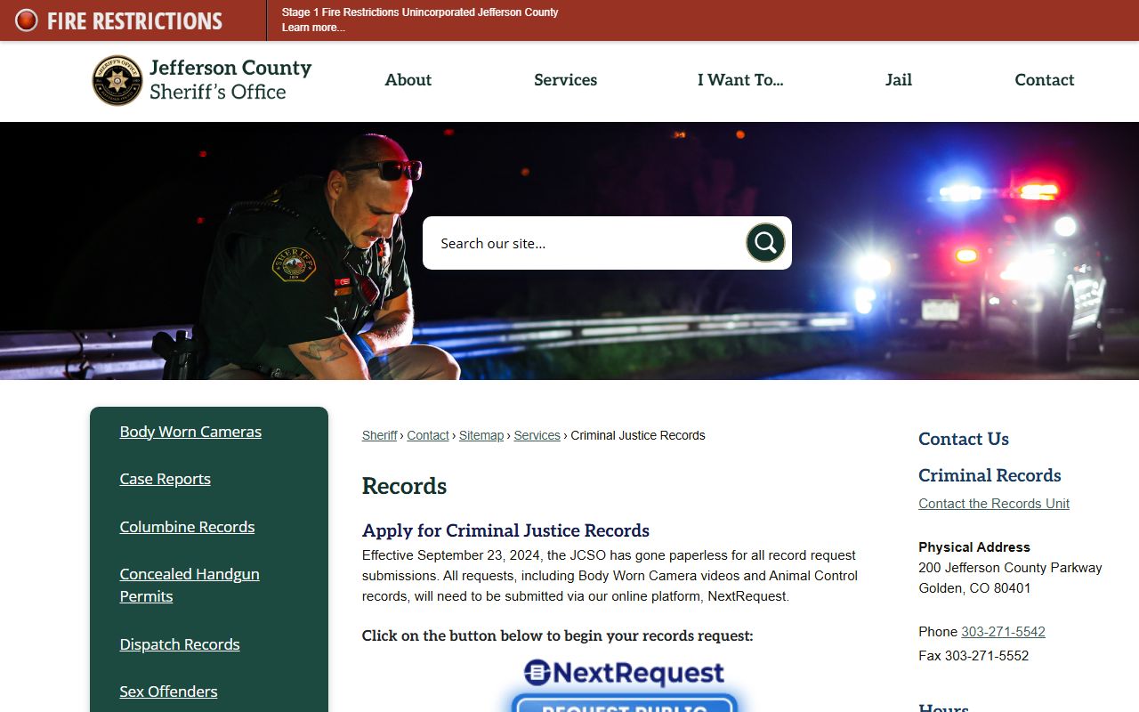 Jefferson County Sheriff Records Unit page for criminal justice background check requests