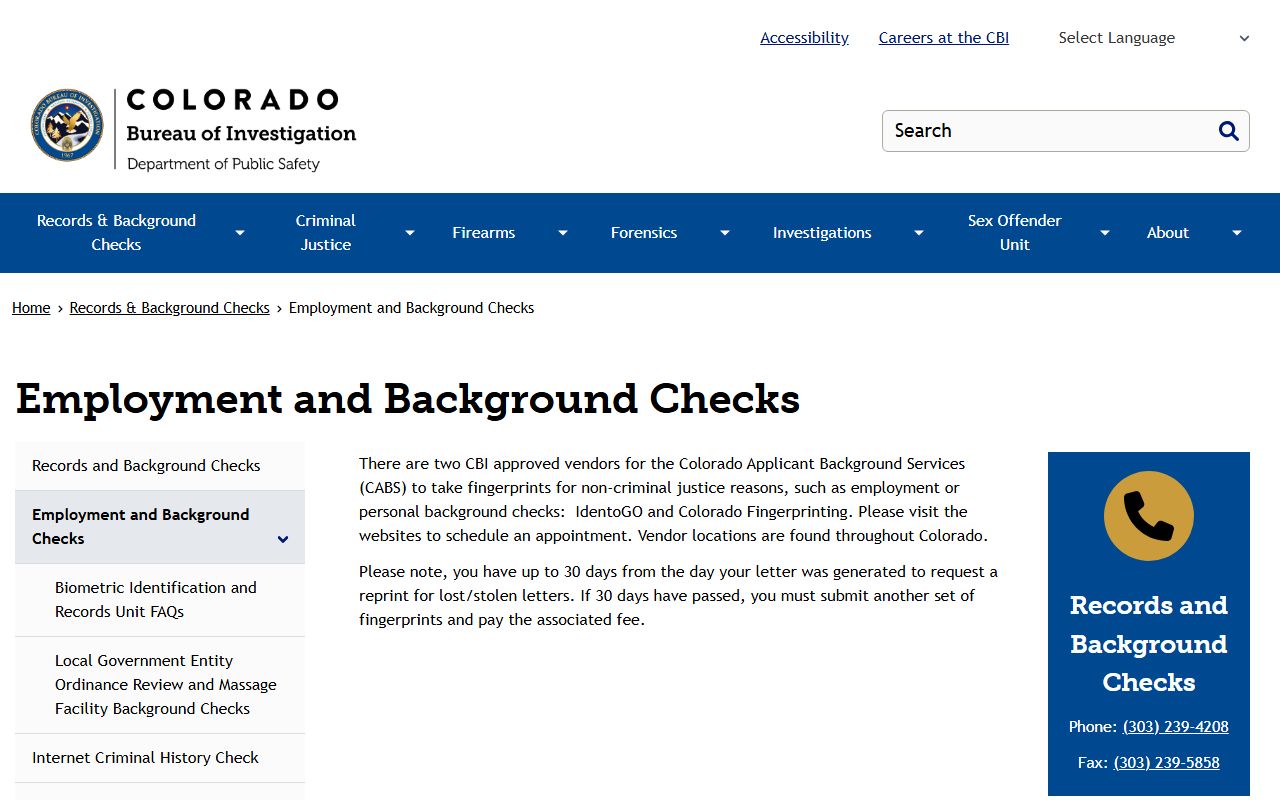 Colorado CBI background checks page with vendor links