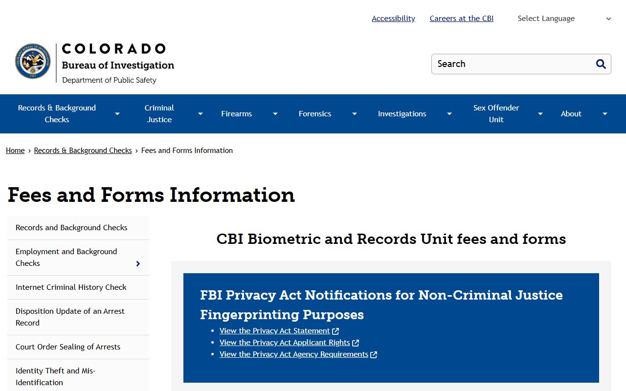 Colorado CBI background check fees and forms page