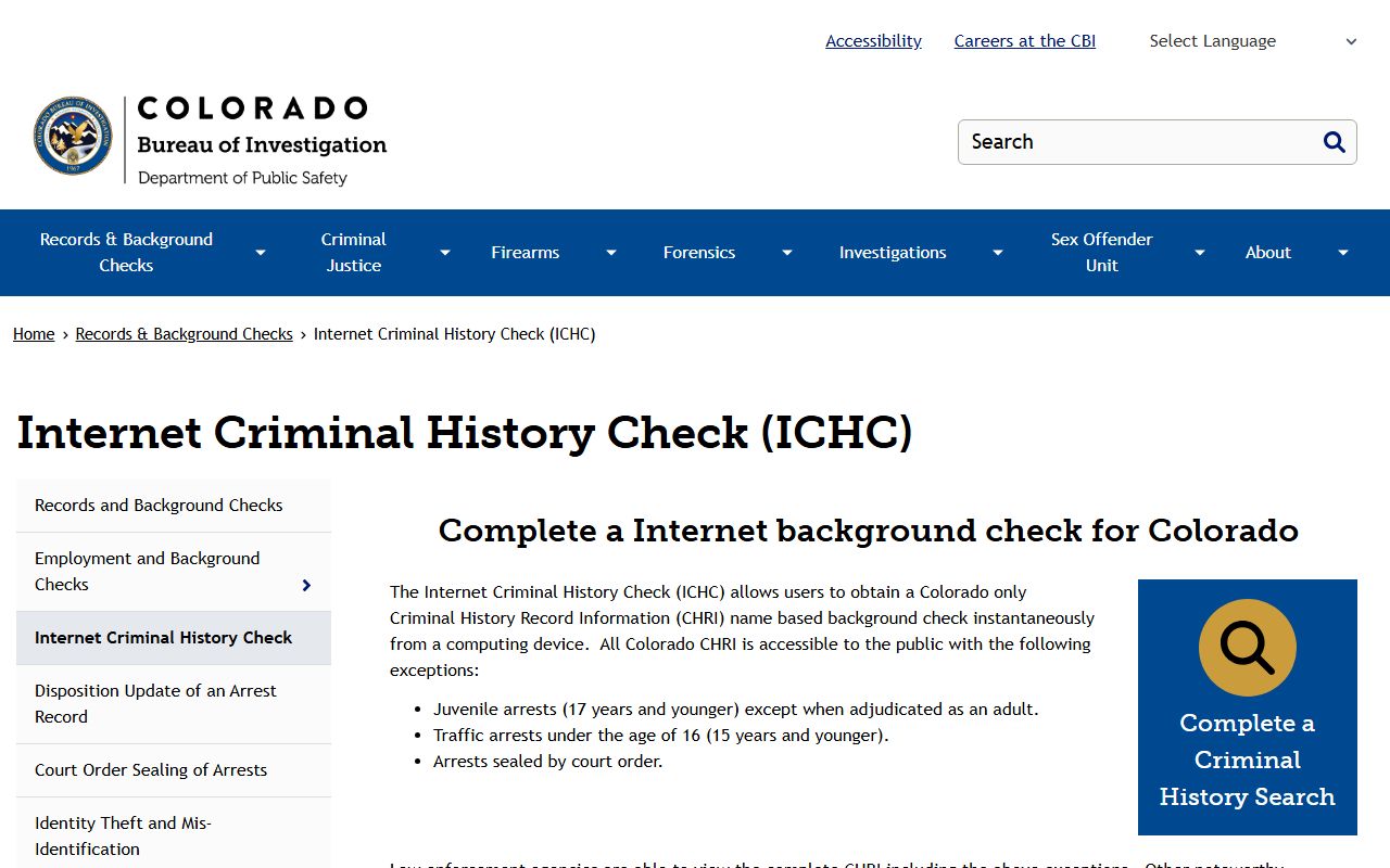 Colorado ICHC online background check information page