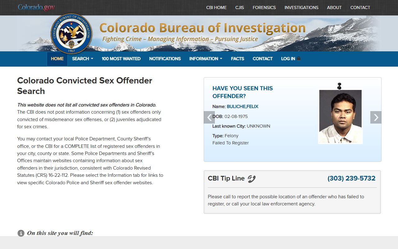 Colorado sex offender registry search page